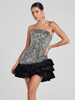 Nadine Merabi Fransceca Silver Sequin Strapless Dress with Black Velvet Ruffle